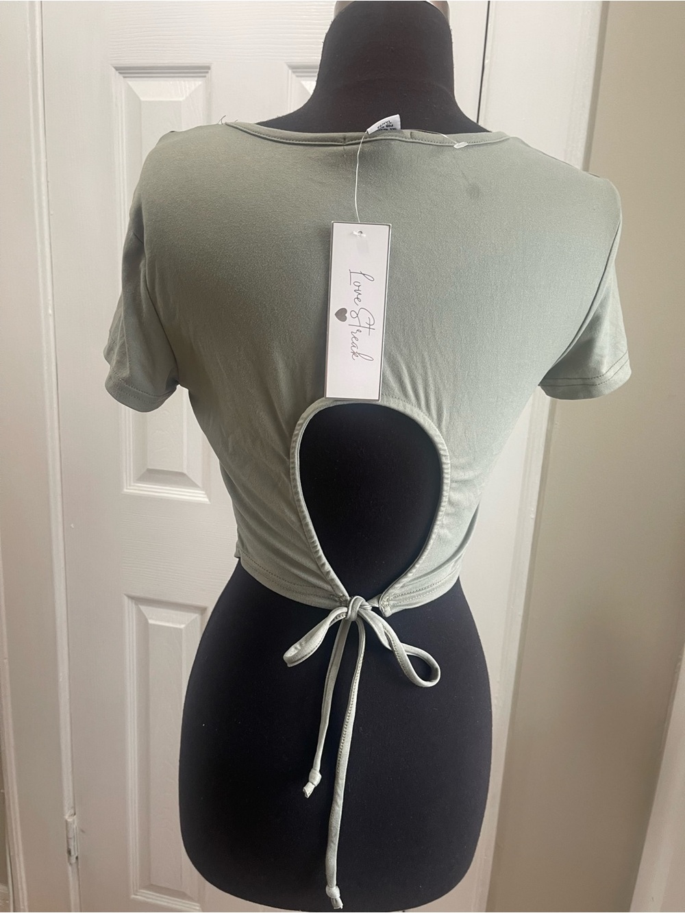 LoveShackFancy Sage Green Open-Back Tie Crop Top
